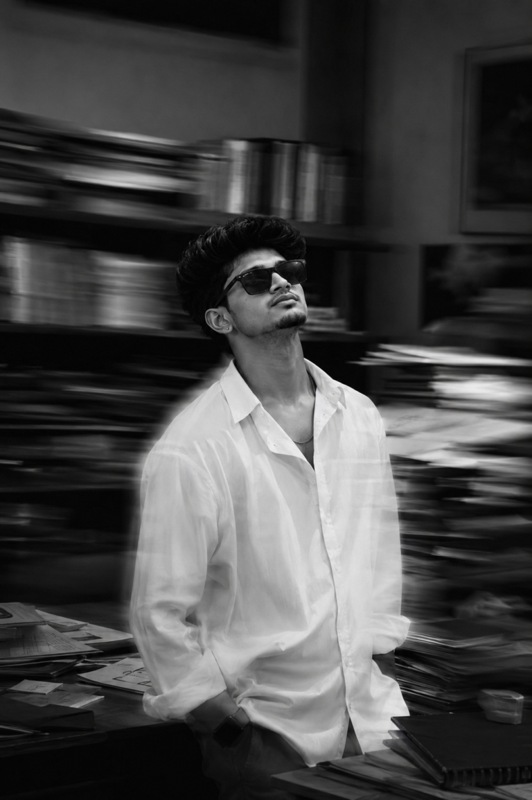 Fine black and white portrait of a young man in a moody study with cinematic motion blur.