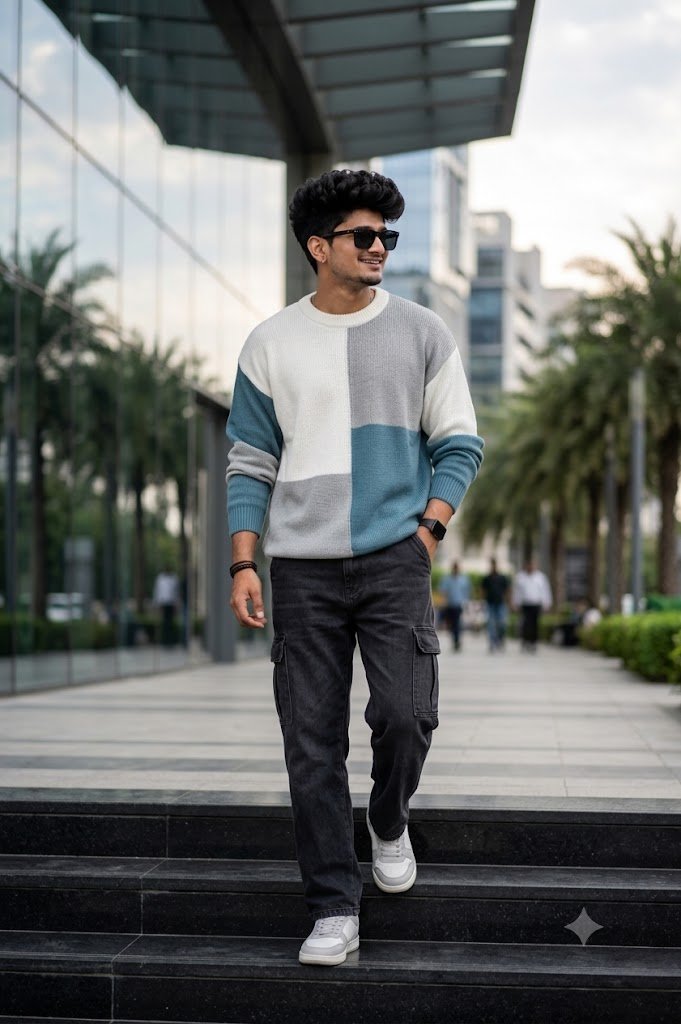 A stylish young man with a curly hairstyle and sunglasses, wearing a distinctive color-block sweater and dark cargo jeans, smiles while walking down modern steps.