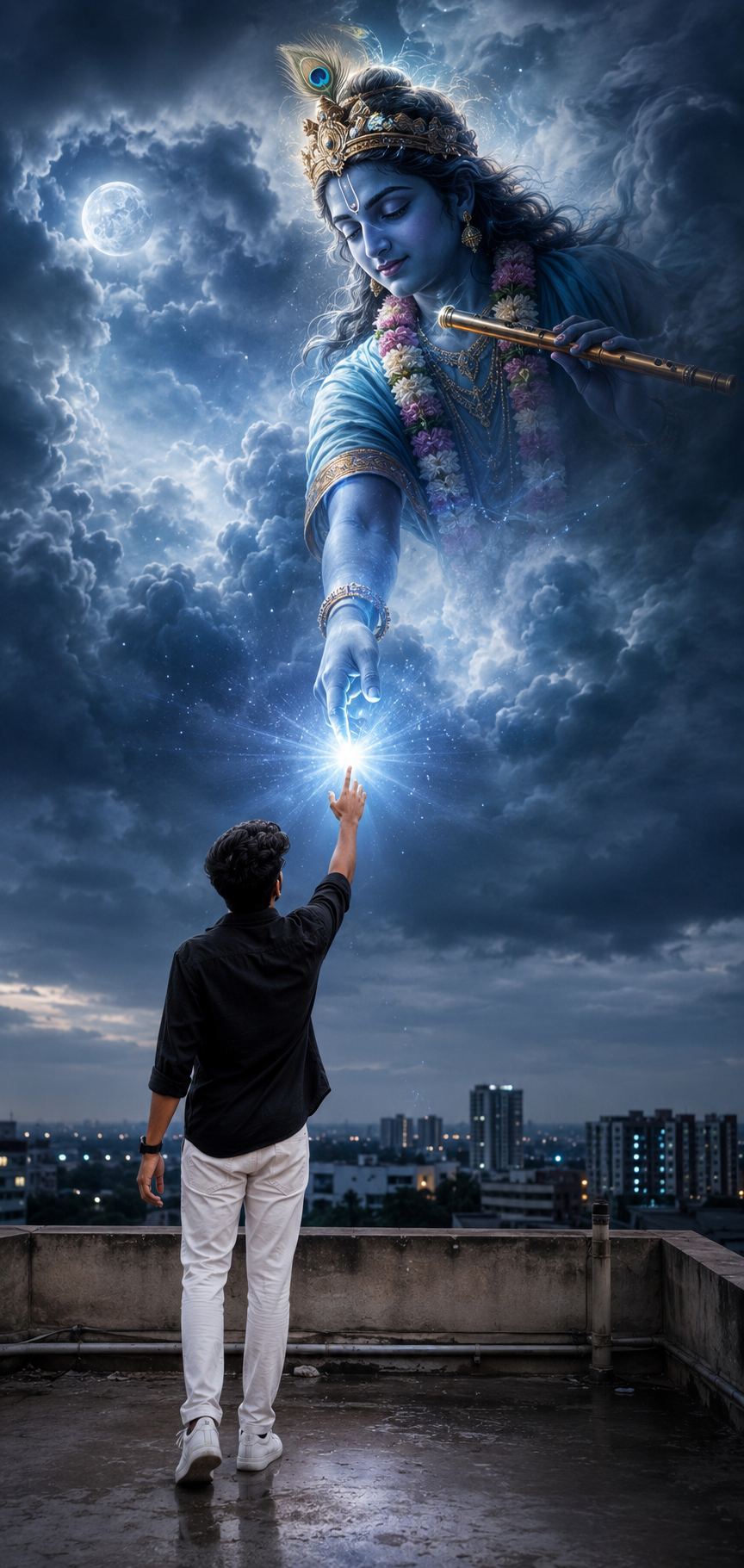 Cinematic devotional portrait of a man reaching toward Lord Krishna with a radiant divine light in the sky.