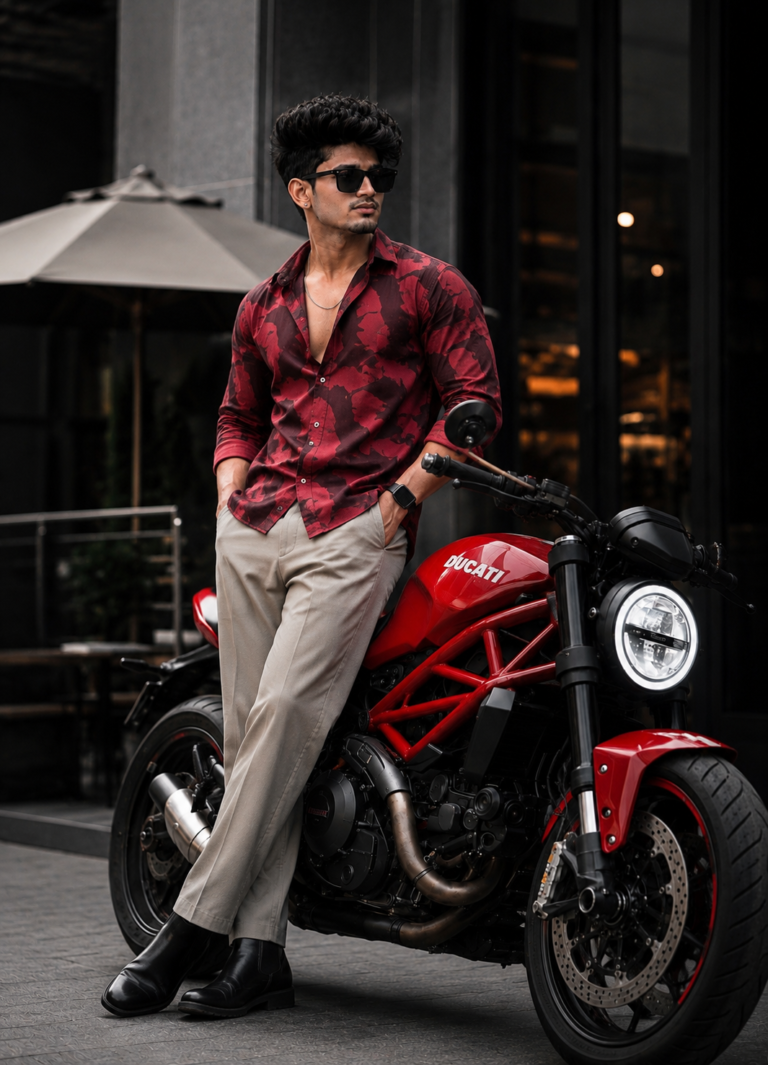 Stylish young man leaning on a red Ducati motorcycle in a cinematic luxury urban street portrait.