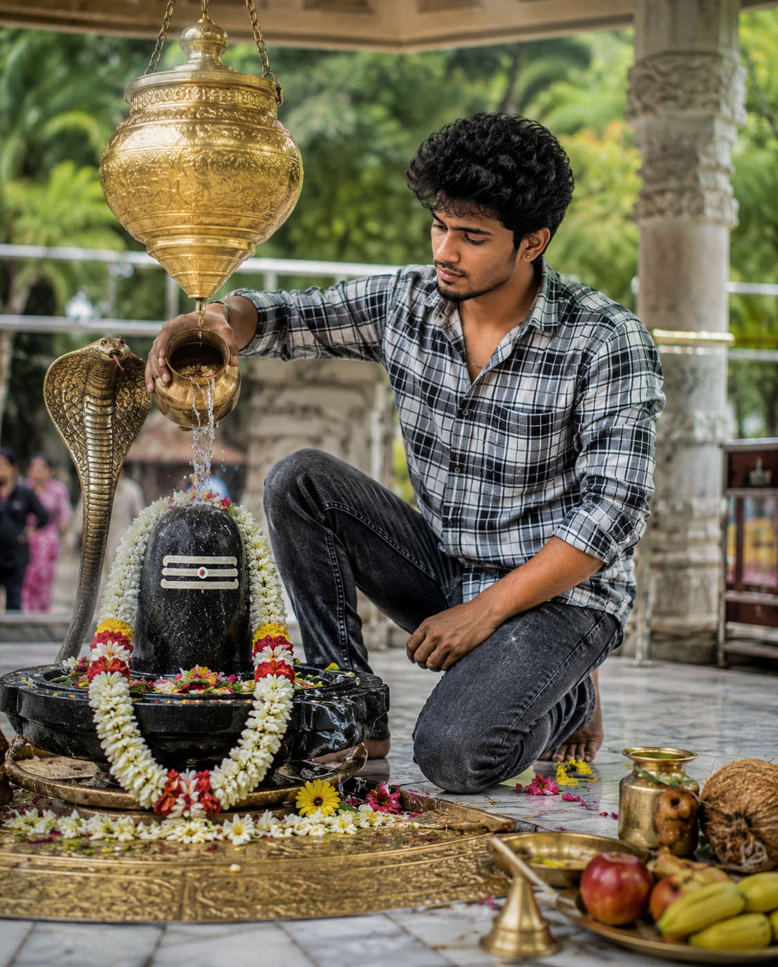 a young Indian man performing Jal Abhishek on a decorated Shiva