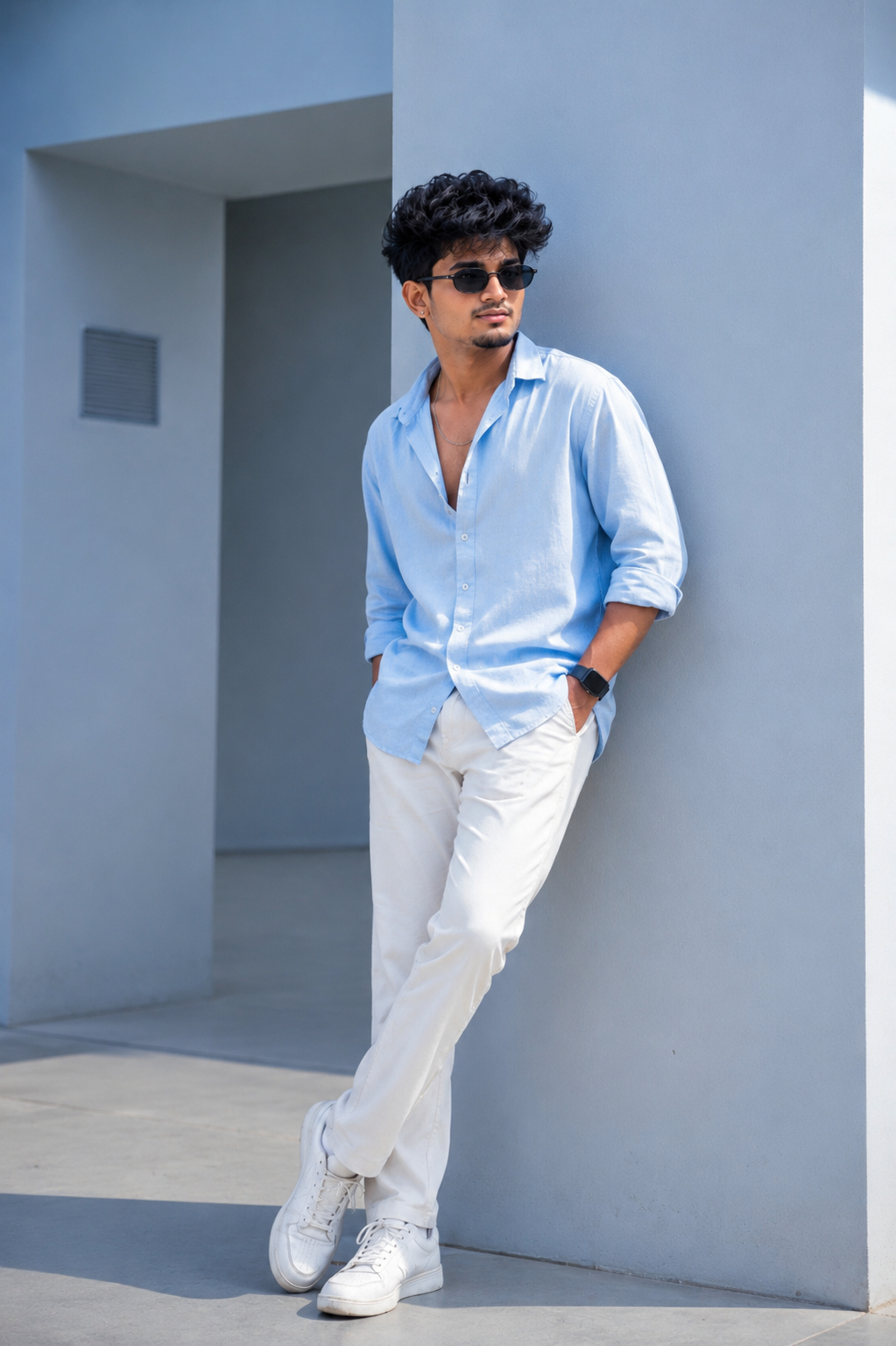 Ultra-realistic minimal fashion editorial portrait with soft natural daylight, clean architectural background, and premium DSLR lifestyle aesthetics.