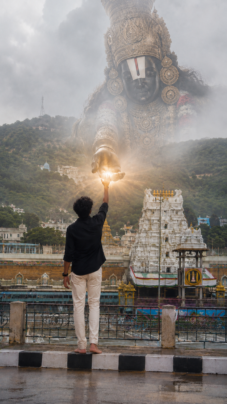 Cinematic devotional portrait of a man and Lord Venkateswara sharing a divine gaze with heavenly light.