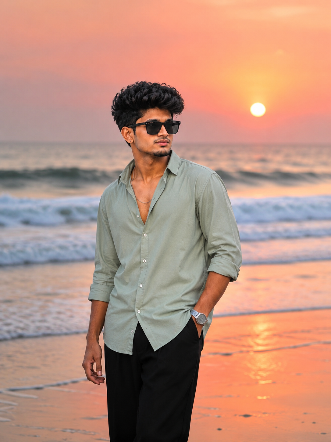 Cinematic beach sunset portrait of a stylish young man standing on the shoreline with warm golden-hour lighting.