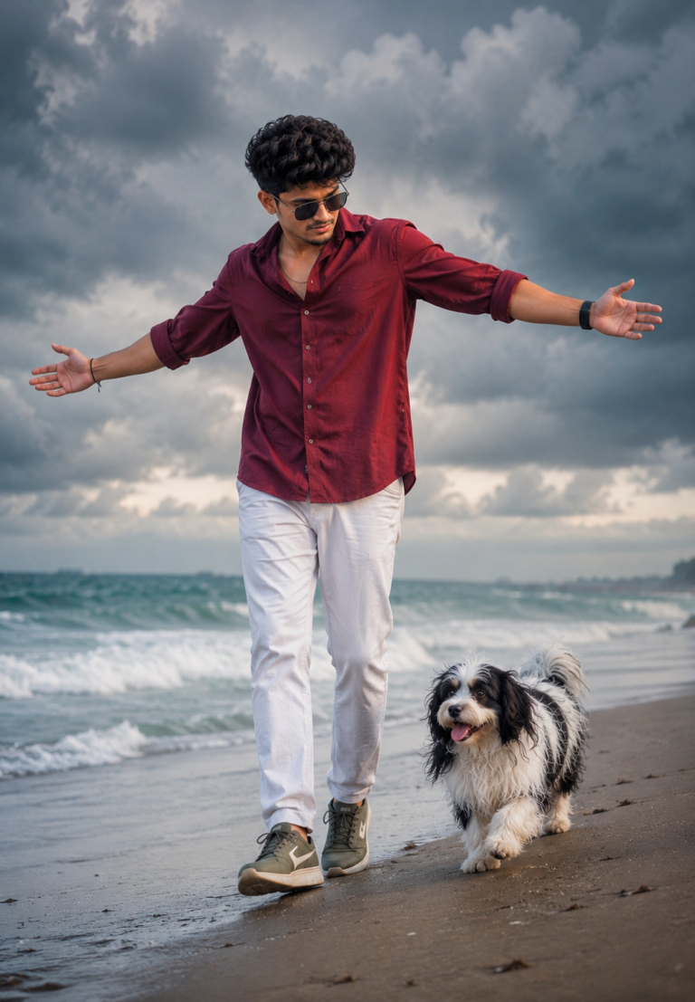 Ultra-realistic cinematic full-body beach portrait