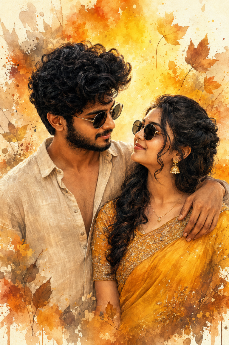 Romantic watercolor oil painting of a South Indian couple in traditional attire.