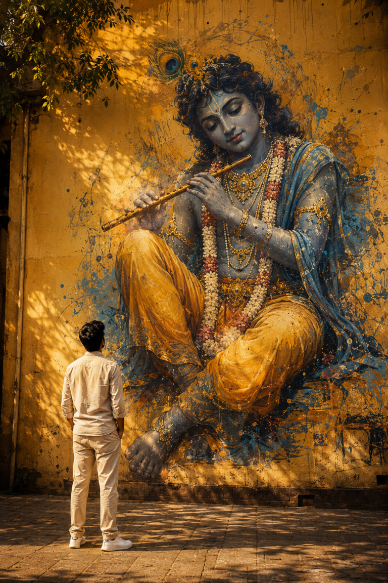 Cinematic street art mural of Lord Krishna with a man standing in quiet devotion.