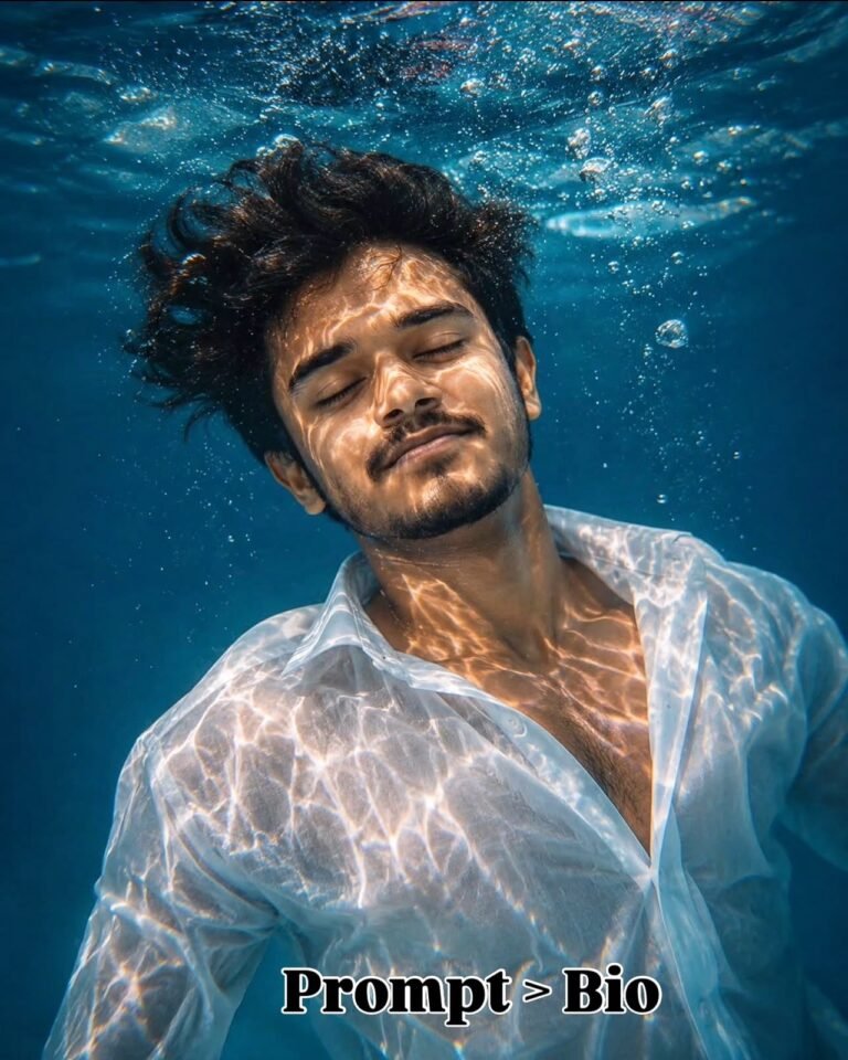 Dreamlike Cinematic Underwater Portrait with Golden Caustic Light & Serene Smile.”