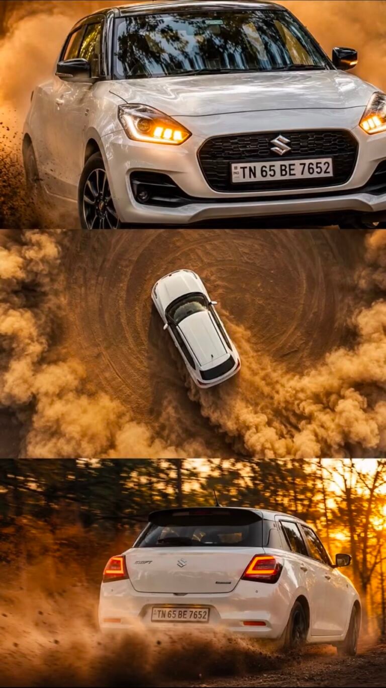 A cinematic, realistic 8k photo of a white Maruti Suzuki Swift 2026 car drifting aggressively on a dusty dirt road in a dense forest