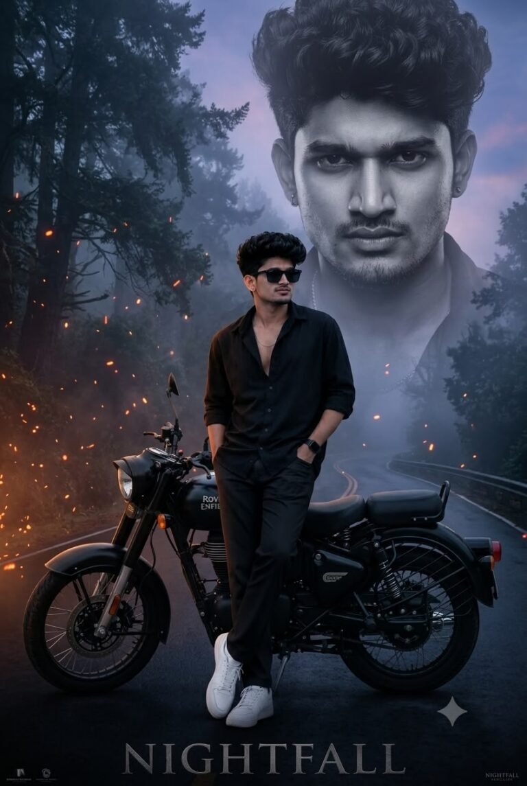 A stylish man leaning on a Royal Enfield motorcycle at dusk
