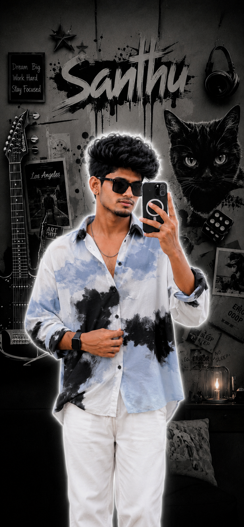 mirror selfie with a grayscale aesthetic collage background and soft glow.