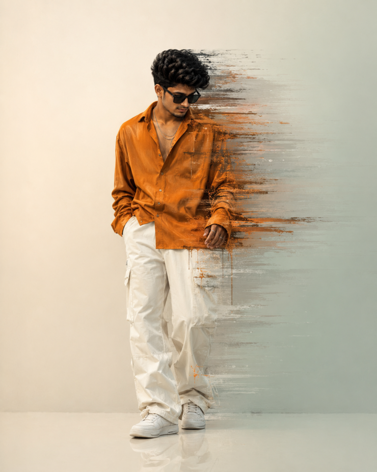 Luxury fashion editorial portrait with artistic digital glitch effect.