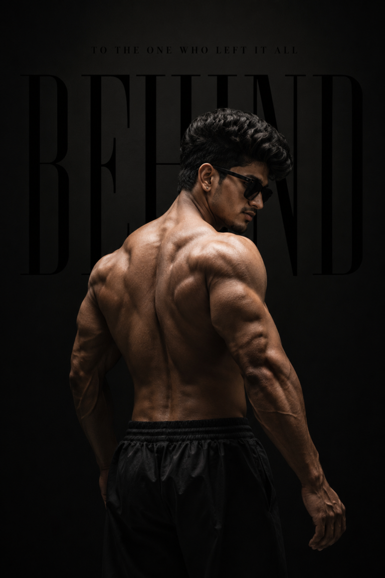 Moody editorial portrait of a muscular man in a dramatic black studio setting.