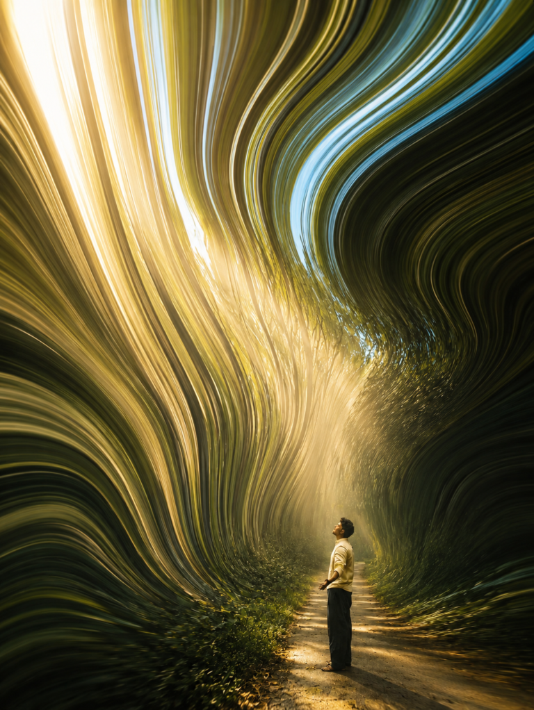 Cinematic forest portrait with flowing pixel-stretch light trails and surreal digital art aesthetics.