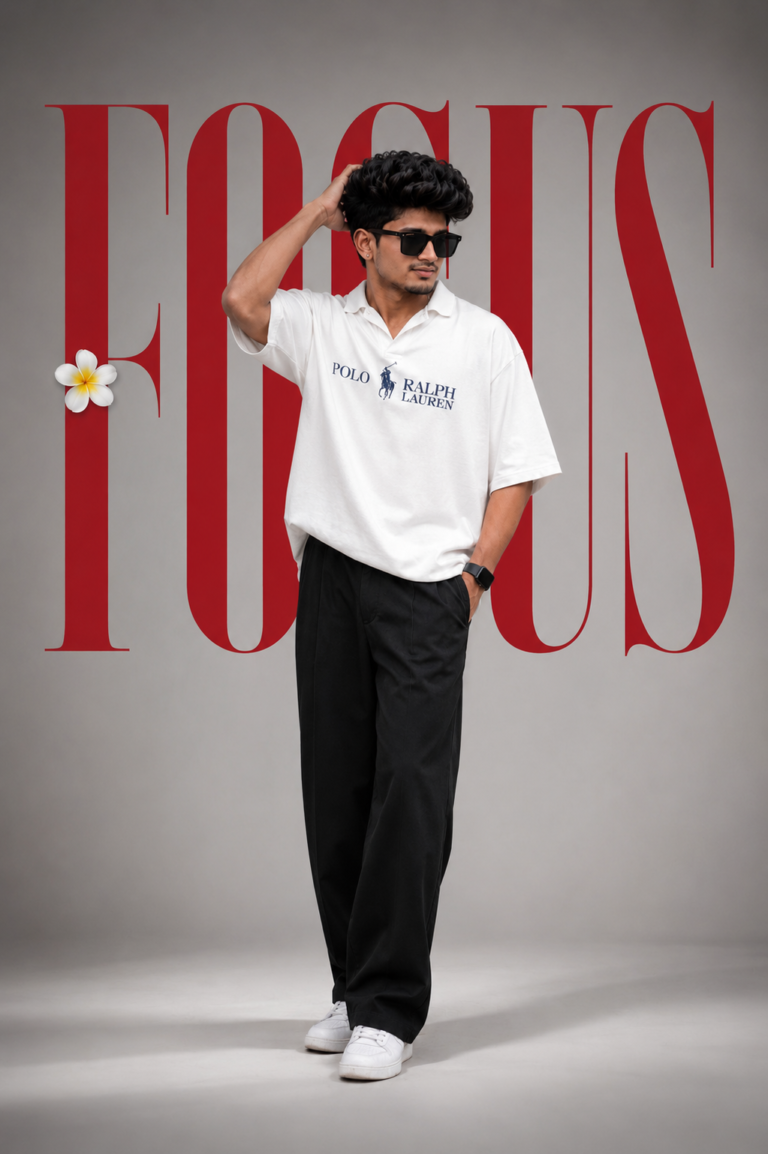 Luxury fashion studio portrait with bold red editorial typography.