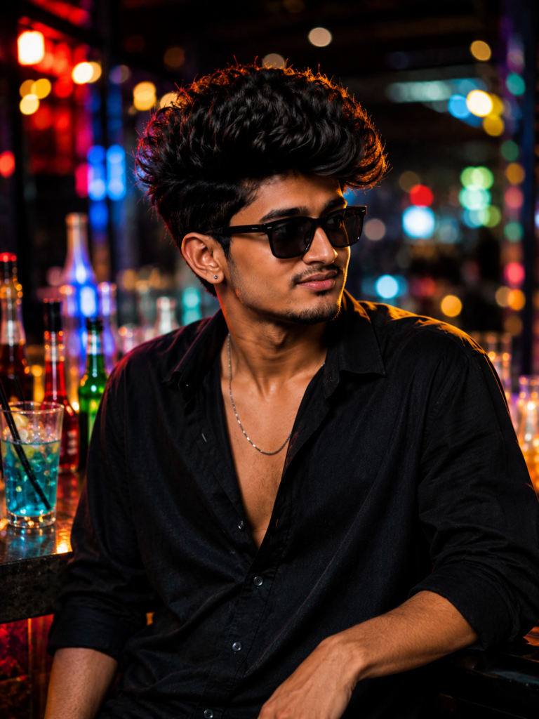 Ultra-realistic cinematic night portrait of a handsome young Indian man wearing black sunglasses and a black shirt, with colorful city bokeh lights, warm orange rim lighting, and a stylish Instagram aesthetic.