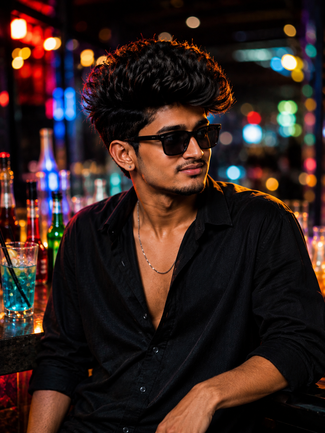 Ultra-realistic cinematic night portrait of a handsome young Indian man wearing black sunglasses and a black shirt, with colorful city bokeh lights, warm orange rim lighting, and a stylish Instagram aesthetic.