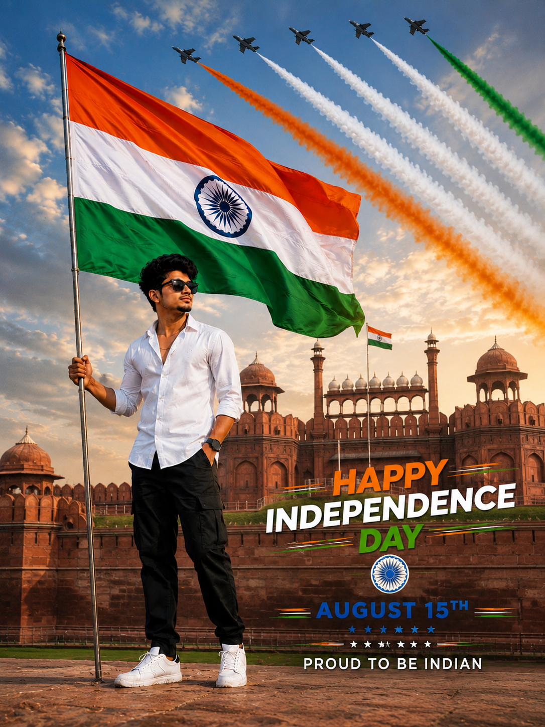Ultra-realistic Independence Day poster of a stylish young Indian man holding the Indian national flag in front of the Red Fort with Indian Air Force jets flying overhead and patriotic August 15 celebration design.