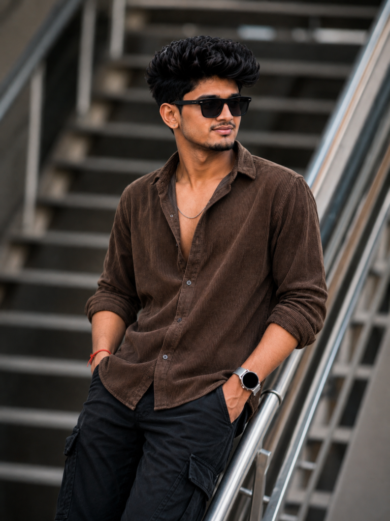 Ultra-realistic portrait of a stylish young Indian man wearing a brown corduroy shirt, black cargo pants, black sunglasses, and a silver smartwatch, leaning on a modern staircase railing with a soft smile.