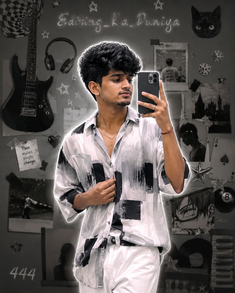 Stylish young man taking a mirror selfie in a black and white outfit with a modern aesthetic collage background, realistic fashion portrait